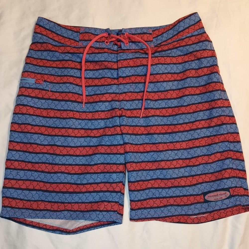 Vineyard Vines Red Blue‎ Fish Scales Striped Swim Board Shorts Sz 30